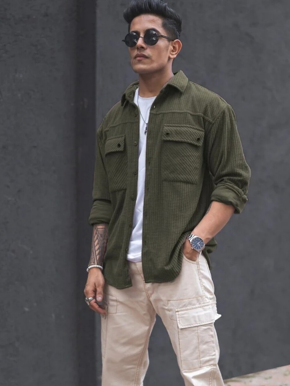 POWERLOOK Olive Green Structured Knit Oversized Shirt - XL